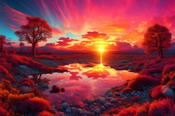 Fototapeta na wymiar Very bright colorful sunset. (AI-generated fictional illustration) 