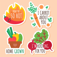 Funny vegetables and fruits characters with phrases. Set of isolated stickers with chili, carrot, beetroot.
