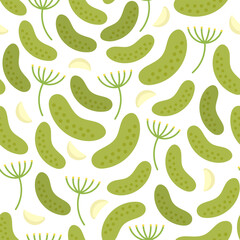 Pickled homemade cucumbers with garlic seamless pattern on a white background.