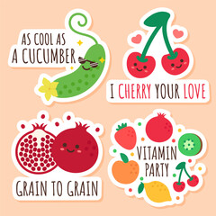 Funny vegetables and fruits characters with phrases. Set of isolated stickers with cool cucumber, cherry, pomegranate.