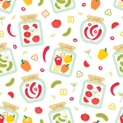 Pickled vegetables closed in glass jar homemade seamless pattern on white background.