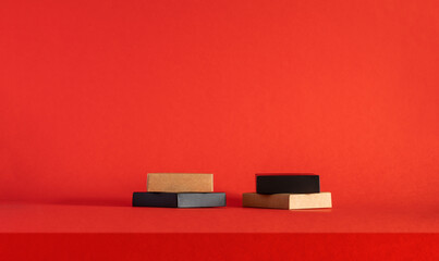 Podium on a red background. Product display. Mockup for product branding, presentation. Background for products, cosmetics, jewelry.