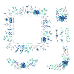 Fototapeta na wymiar Floral Frame Collection. Set of cute blue watercolor flowers for wedding invitations and birthday cards