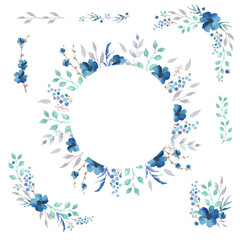 Floral Frame Collection. Set of cute blue watercolor flowers for wedding invitations and birthday cards