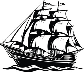 Pirate Ship Logo Monochrome Design Style - obrazy, fototapety, plakaty