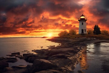 Fototapeta na wymiar Autumn lighthouse in the sunset and rain Generative AI