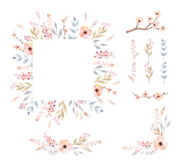 Floral Frame Collection. Set of cute retro flowers arranged un a shape of the wreath for invitations and birthday cards