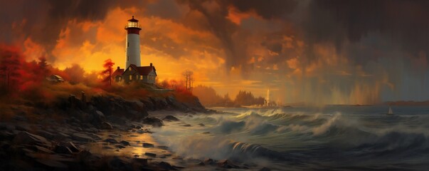 Fototapeta premium Autumn lighthouse in the sunset and rain Generative AI