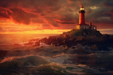 Autumn lighthouse in the sunset and rain Generative AI