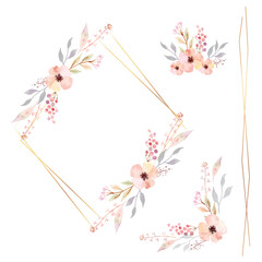 Floral Frame Collection. Set of cute retro flowers arranged un a shape of the wreath for invitations and birthday cards - 623341594
