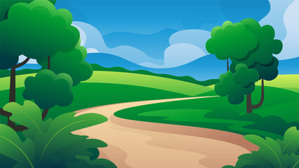 Fototapeta premium Natural park spring horizontal illustration. Footpath through the forest on a green field background.