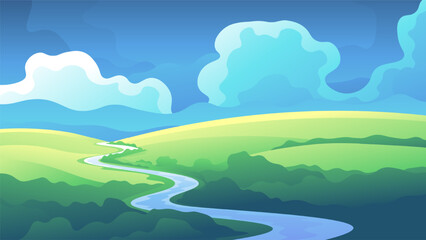 Obraz na płótnie Canvas Bright green plain near the river on a cloudy sky background.
