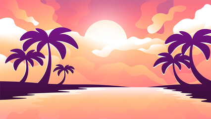 Fototapeta na wymiar Beautiful orange sunset near the tropical shore with palm trees.