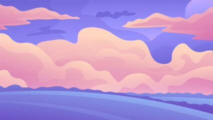 Soft fluffy peach color clouds on a purple sky. Gentle horizontal illustration of a cloudy sky and fields.