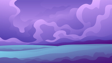 Heavy purple thunderclouds over fields. Stormy weather horizontal landscape.