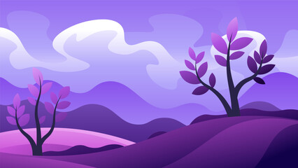 Decorative trees on the high pink hills. Romantic landscape illustration of spring sunset.