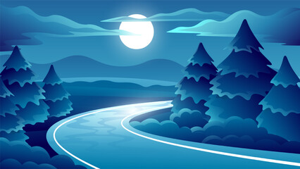 Night scary landscape. Mystical horizontal illustration full moon over road and forest.