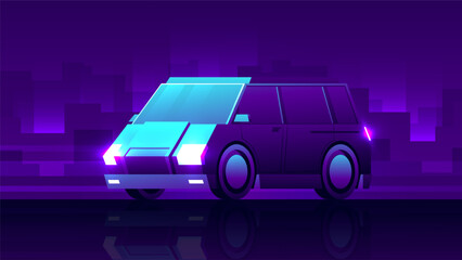 Futuristic neon minivan stands at night on the road on the background city view.