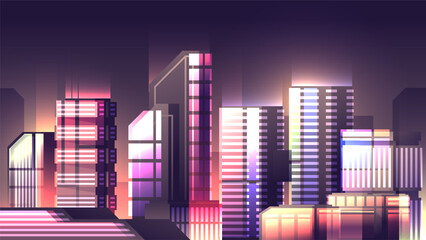 Technological futuristic skyscrapers in metropolis. Modern building facades night view.