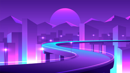 Empty winding highway on the bridge over cyberpunk night modern city.