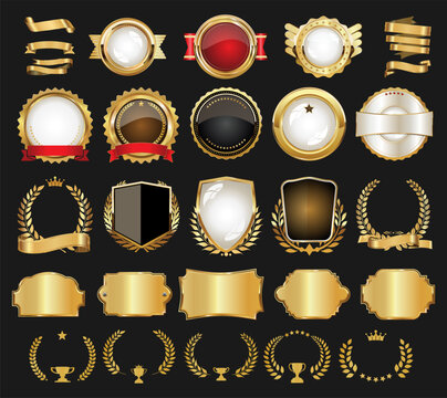Retro vintage golden badges labels shields and ribbons design elements 