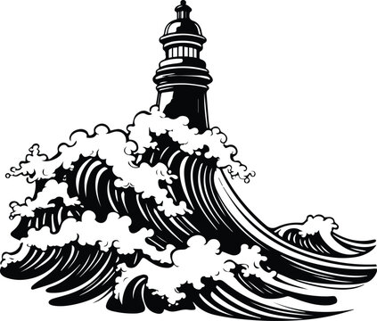 Sea Storm And Light House Logo Monochrome Design Style