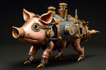 Crazy steampunk pig on dark background Generative AI