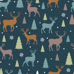 Colorful pattern different reindeer animal silhouette seamless background. Print with deers, trees and snowflakes