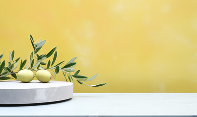 podiums rock stone or product platform with olive branch leaves.natural ingredient background.generative ai images
