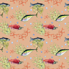 Various wild sea fish seamless pattern watercolor illustration isolated on pink. Seaweeds, tuna, salmon, coho, sea plants hand drawn. Design element for textile, packaging, paper, wrapping, banner
