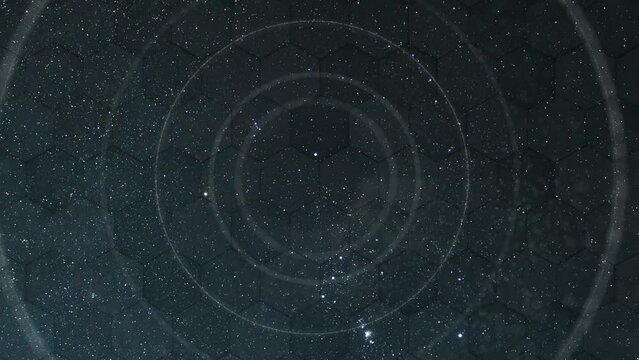 Computer graphics. A cellular network of hexagons against the background of a moving starry sky with diverging circles symbolizing a sound information wave. World information background concept