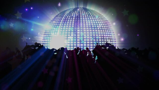 Animation of disco mirror ball spinning and people dancing on black background