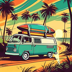 illustration of a van with surfboard, summer road trip, Ai Generative