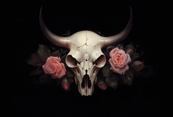 Skull of a bull and a rose. on black background. Digital art. Generative AI.