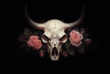 Fotobehang Boho Skull of a bull and a rose. on black background. Digital art. Generative AI.