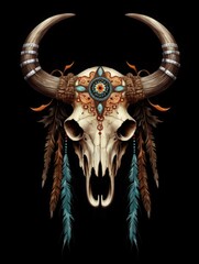 Bull skull with feathers native Americans tribal style. Digital art. Generative AI.