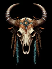 Poster Boho Bull skull with feathers native Americans tribal style. Digital art. Generative AI.