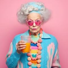 Grandma on vacation. A modern grandmother in a blue dress enjoys a sunny summer day with a drink. Pastel pink background. Rose-colored glasses, Illustration