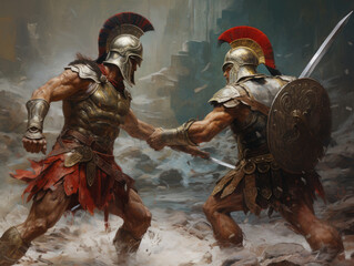 Fight of two Roman soldiers. Digital art. Generative AI.