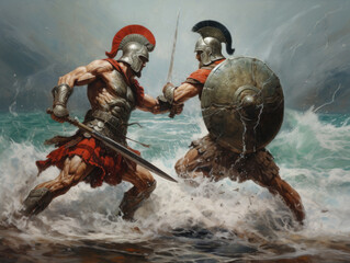 Fight of two Roman soldiers. Digital art. Generative AI.