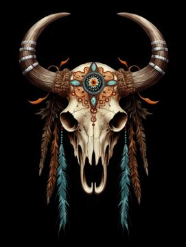 Bull skull with feathers native Americans tribal style. Digital art. Generative AI.