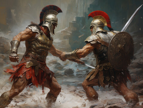 Fight of two Roman soldiers. Digital art. Generative AI.