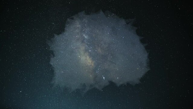 Computer graphics background. A schematic human brain with a polygonal structure rotates against the background of a starry sky. Cosmic Mind. Artificial intelligence. Extraterrestrial intelligence