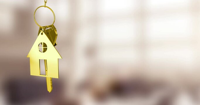 Animation of hanging golden house keys against blurred background with copy space