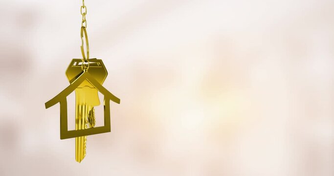Animation of hanging golden house keys against blurred background with copy space