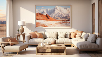 Stylish Living Room Interior with a Frame Poster Mockup, Modern Interior Design, 3D Render, 3D Illustration