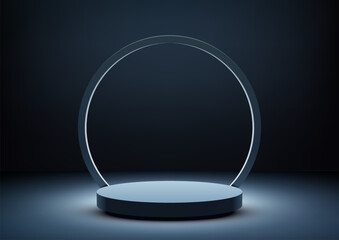 Modern Luxury Product Presentation. 3D Blue Podium Stand with Circle Border Backdrop