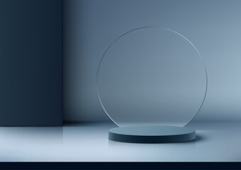 Modern Blue Color Podium with Glass Backdrop. Interior Concept Mockup. Vector Illustration