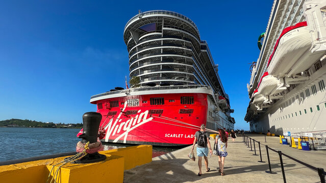 The Virgin Voyages Scarlet Lady cruise ship from the port Taino Bay in Puerto Plata, Dominican Republic.
