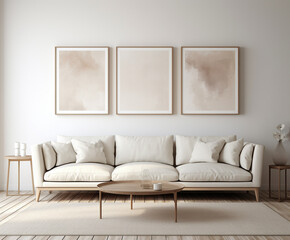 A minimalist mockup frame filled with an empty painting template showcases a stylish living room with a comfortable couch and coffee table. Minimal home interior design idea. Scandinavian minimal deco